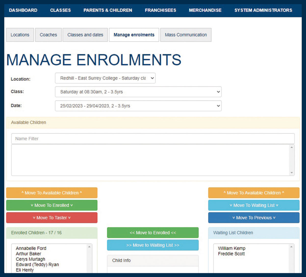 Screenshot of the Rugbytots booking system Screenshot of the Rugbytots booking system
