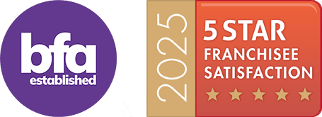 British Franchise Association Established Member logo and 5-Star Franchisee Satisfaction 2025 logo.