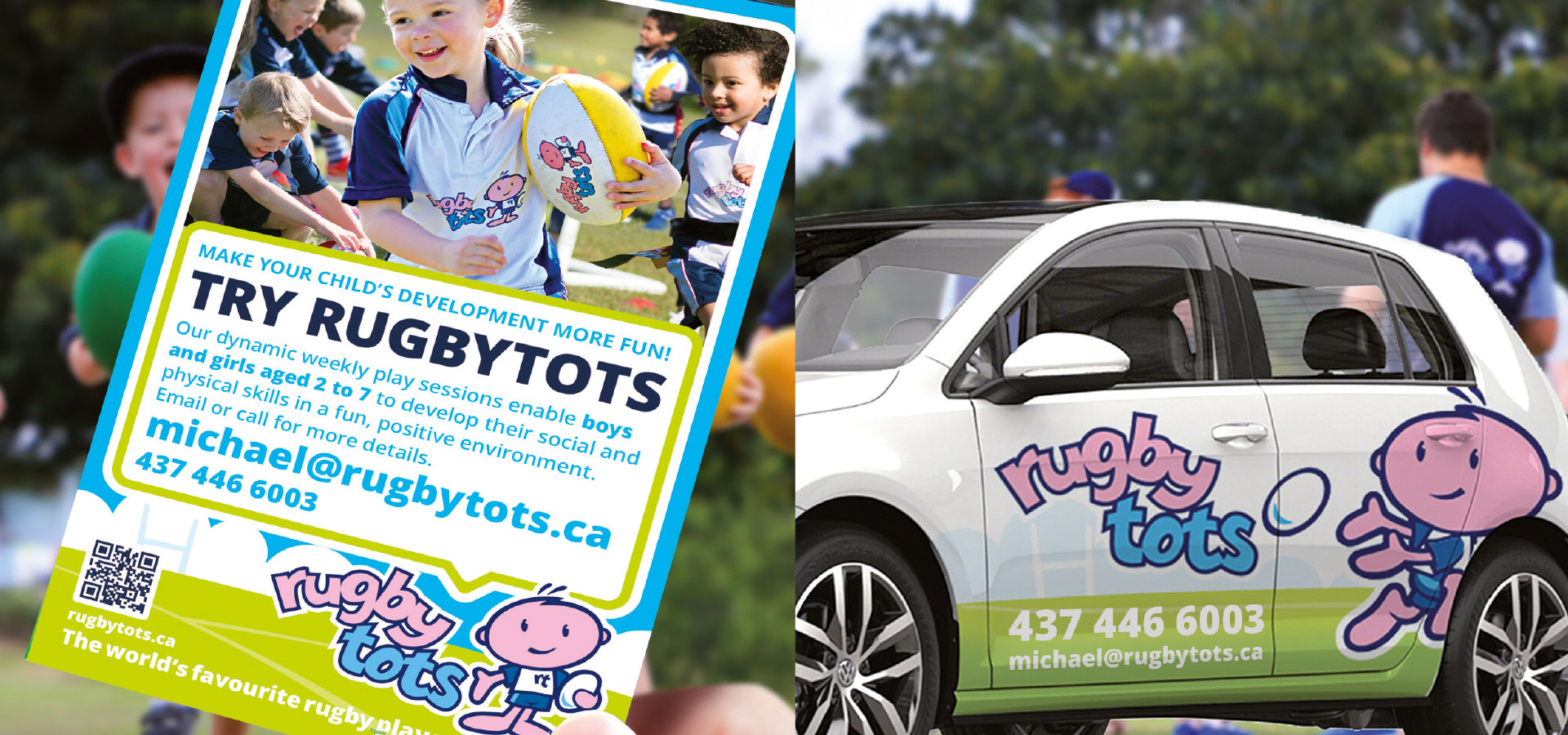 Rugbytots flyer and promotional car graphics.